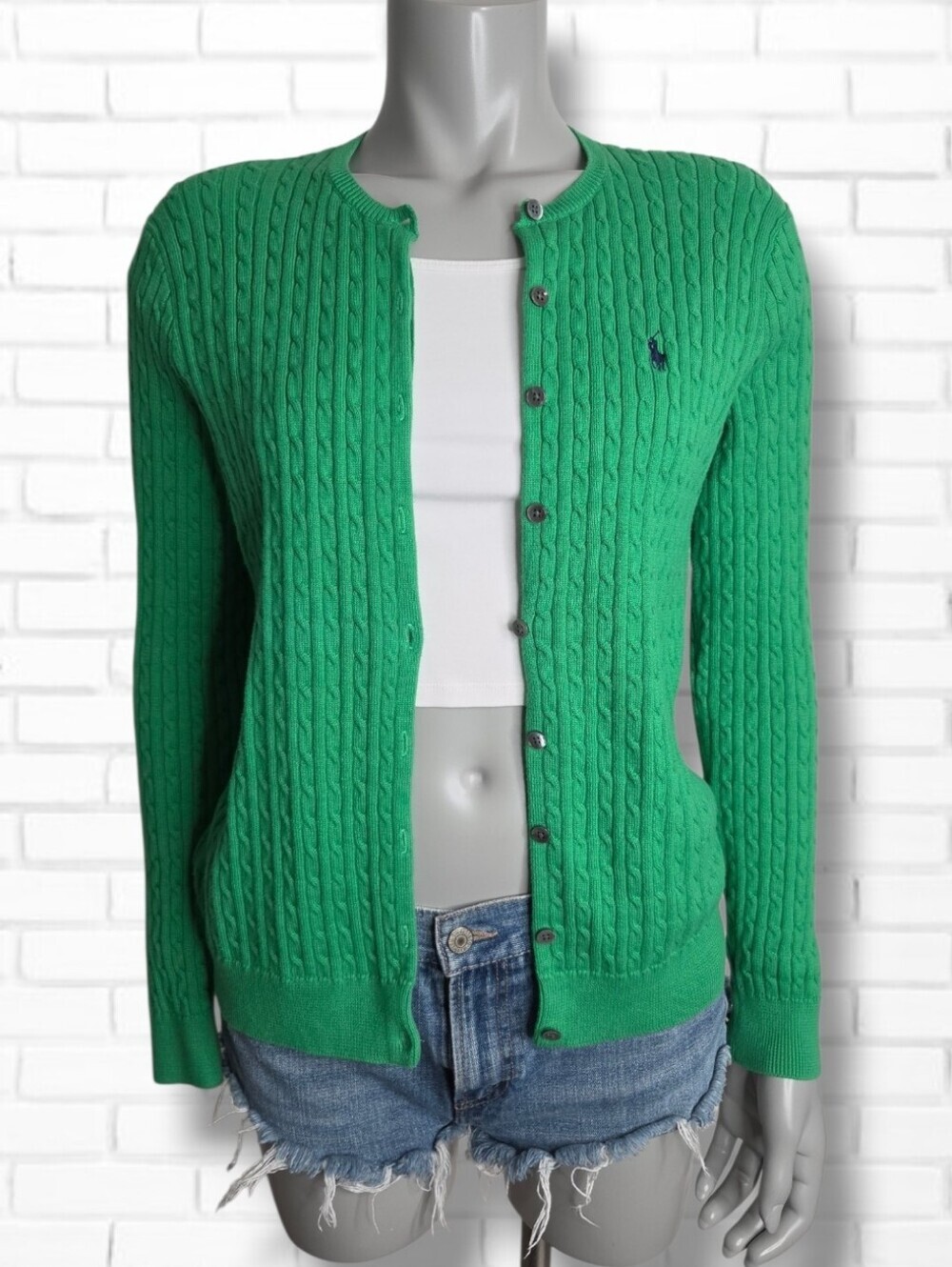 Y2K Vintage Ralph Lauren Sport Green Cable Knit Cardigan Sweater Size L